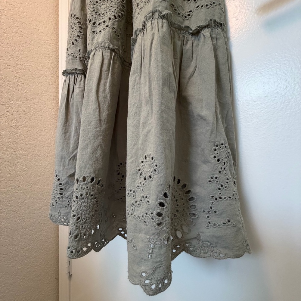 ZARA Sage Green Eyelet Maxi Dress Smocked Tie Shoulder Boho Cottagecore M - Picture 4 of 8